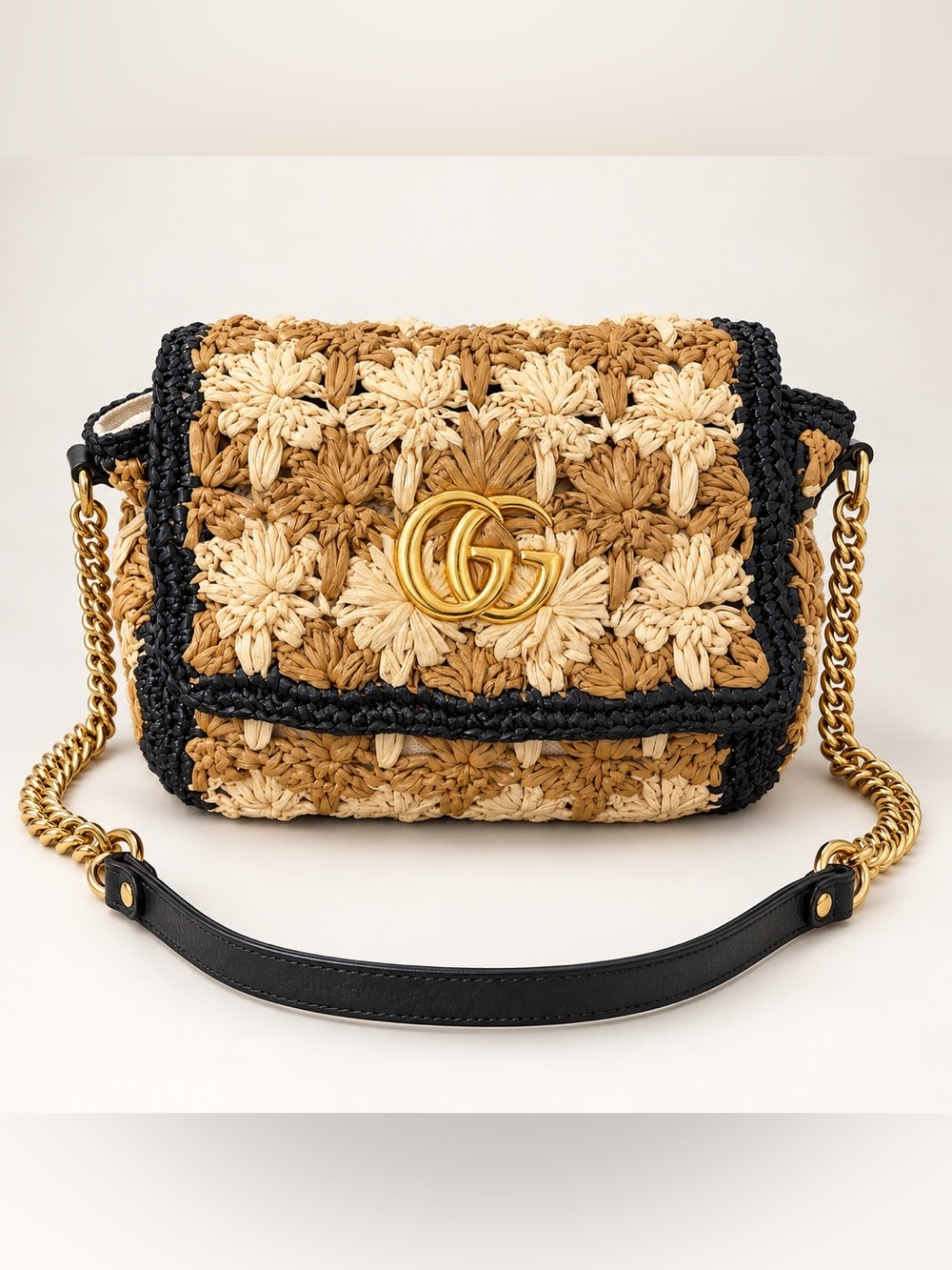 Gucci GG Marmont Raffia Daisy Floral Mini Shoulder Crossbody Bag 631638